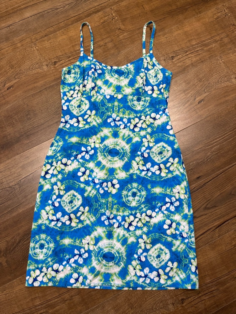 Vintage Pelican Cove 100% Cotton Blue Tie-Dye Floral Slip Mini Dress